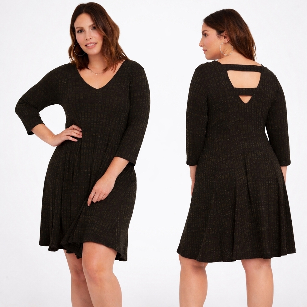 Torrid Plus Size Marled Green Black Stretch Dress Ladder Back Rayon Blend